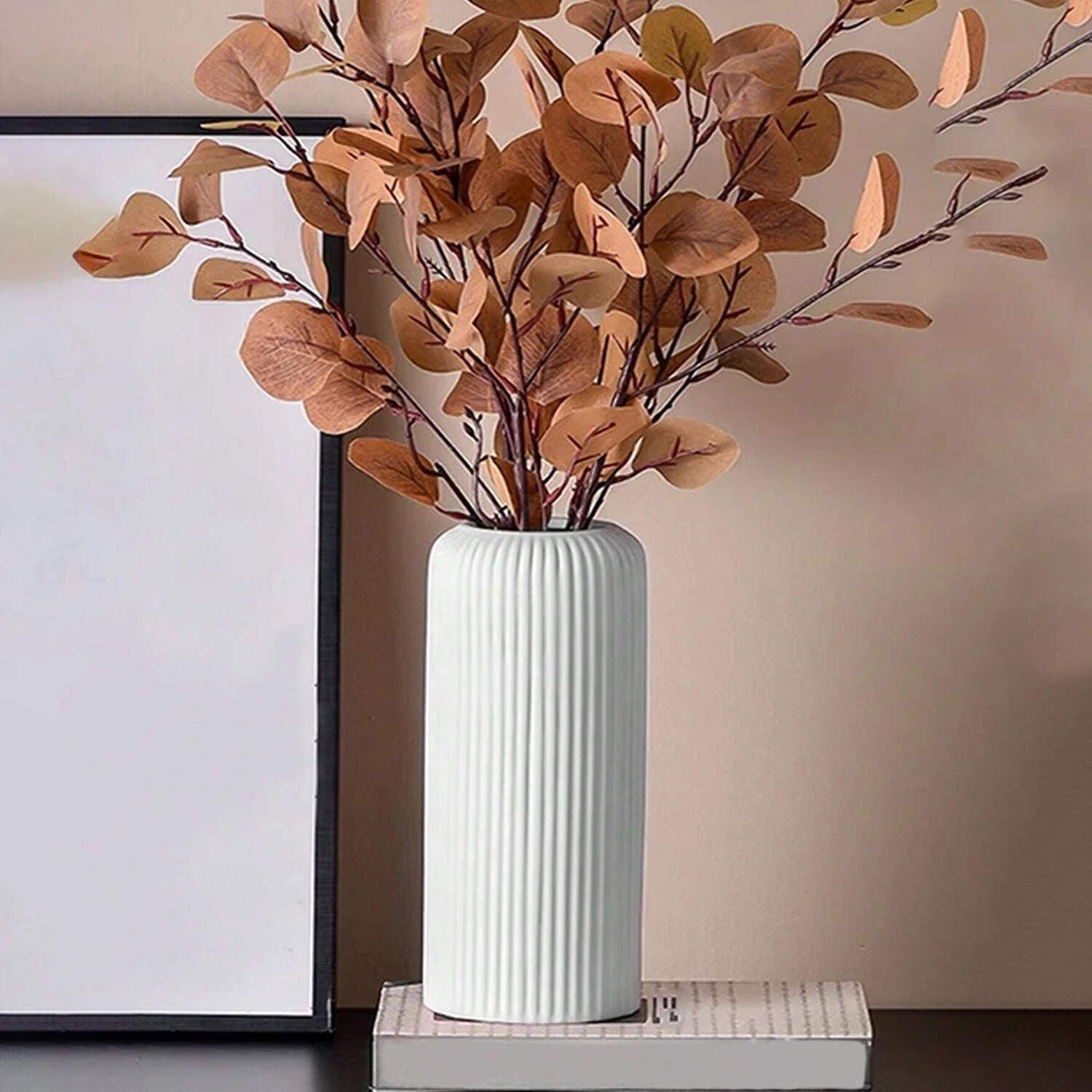 Modern Ceramic Flower Vase Tall Ribbed Cylinder Vase for Home Decor, Table Centerpiece or Office Display
