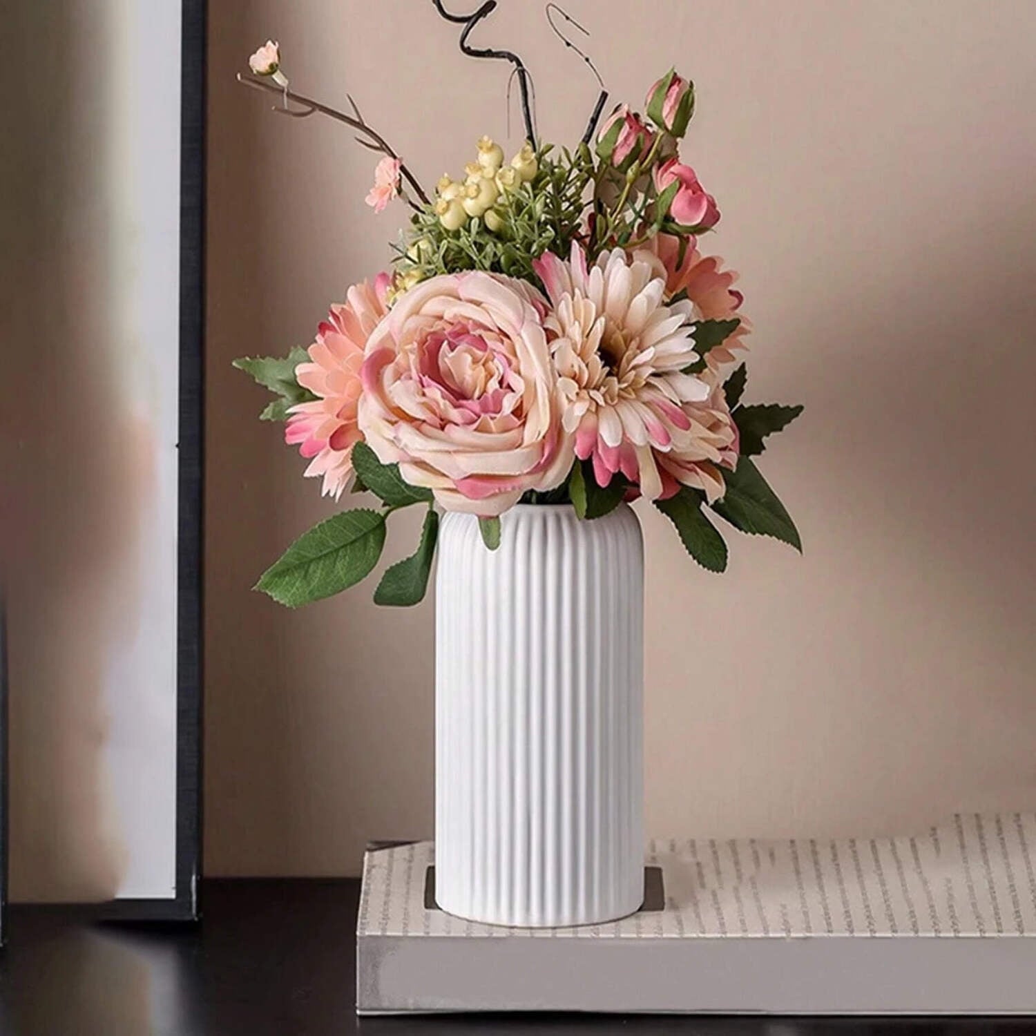 Modern Ceramic Flower Vase Tall Ribbed Cylinder Vase for Home Decor, Table Centerpiece or Office Display