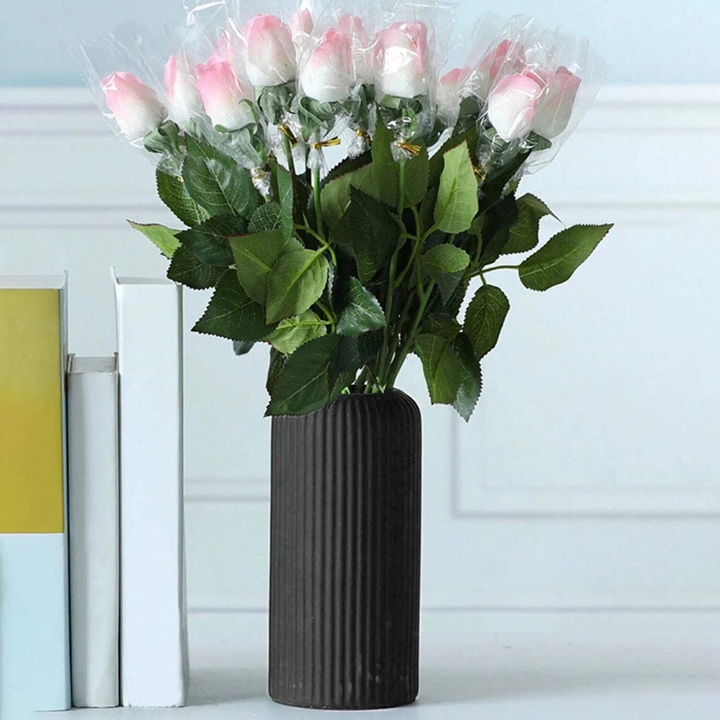 Modern Ceramic Flower Vase Tall Ribbed Cylinder Vase for Home Decor, Table Centerpiece or Office Display