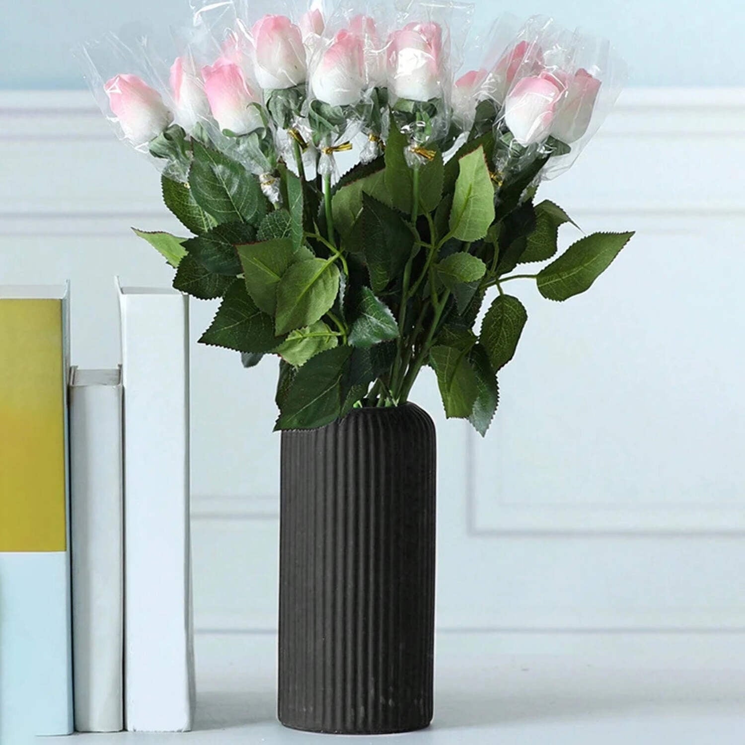 Modern Ceramic Flower Vase Tall Ribbed Cylinder Vase for Home Decor, Table Centerpiece or Office Display