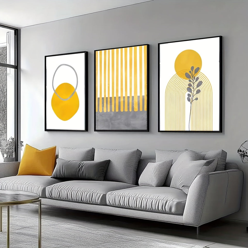 3pcs of mustard yellow and gray geometric abstract art, modern floral art, living room, bar, home and dormitory wall decorations, frameless