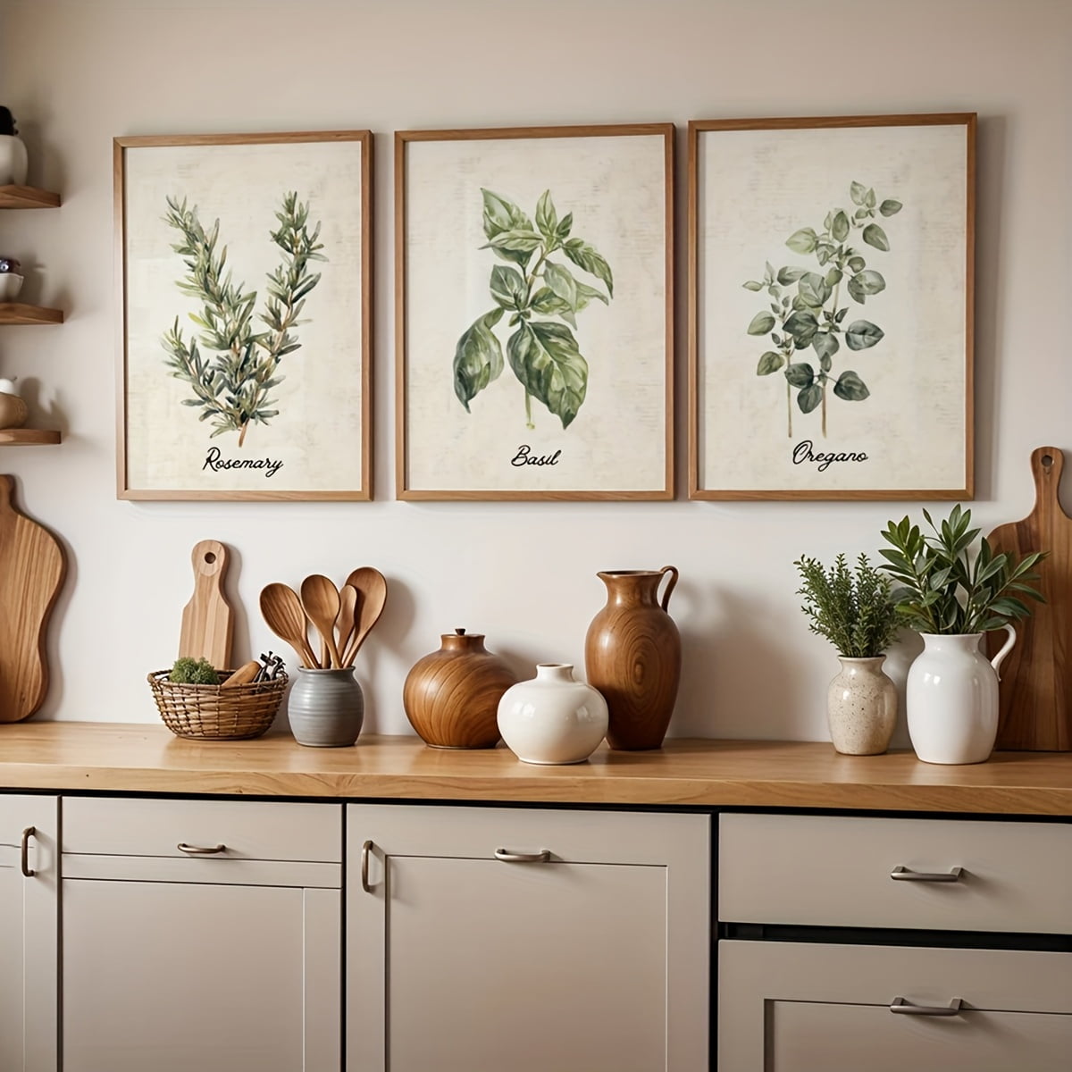 Set of 3 Kitchen Vintage Print, Antique Beige Kitchen Wall Art, Rustic Watercolor Botanical Herb Decor, Modern Cottagecore Farmhouse Posters, No Frame