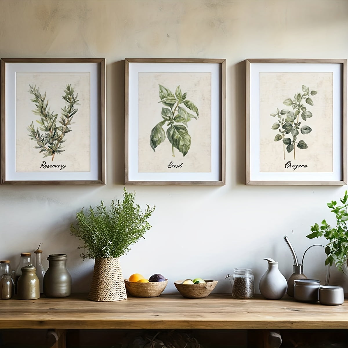 Set of 3 Kitchen Vintage Print, Antique Beige Kitchen Wall Art, Rustic Watercolor Botanical Herb Decor, Modern Cottagecore Farmhouse Posters, No Frame