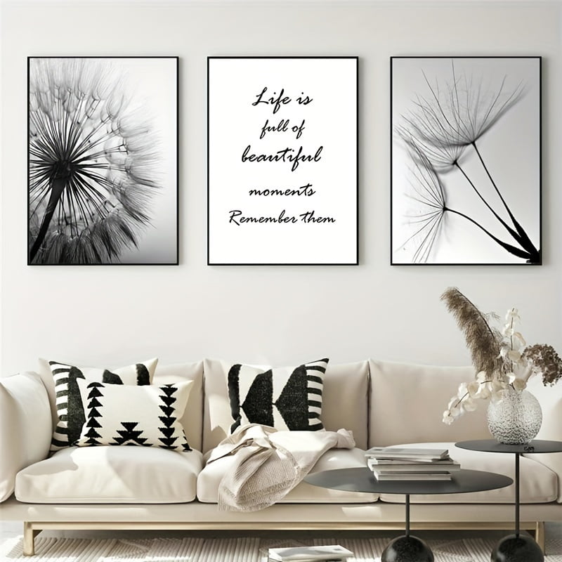 3pcs, Black And White Dandelion Canvas Painting, Modern Plant Wall Art Poster And Prints, For Living Room Decoration Home Decor, No Frame