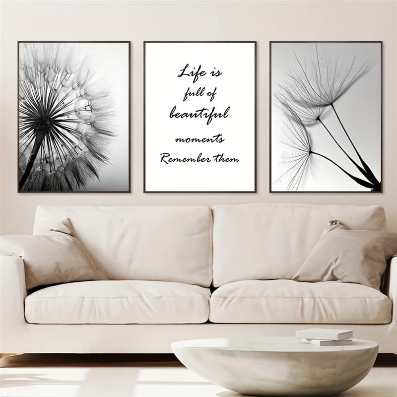 3pcs, Black And White Dandelion Canvas Painting, Modern Plant Wall Art Poster And Prints, For Living Room Decoration Home Decor, No Frame