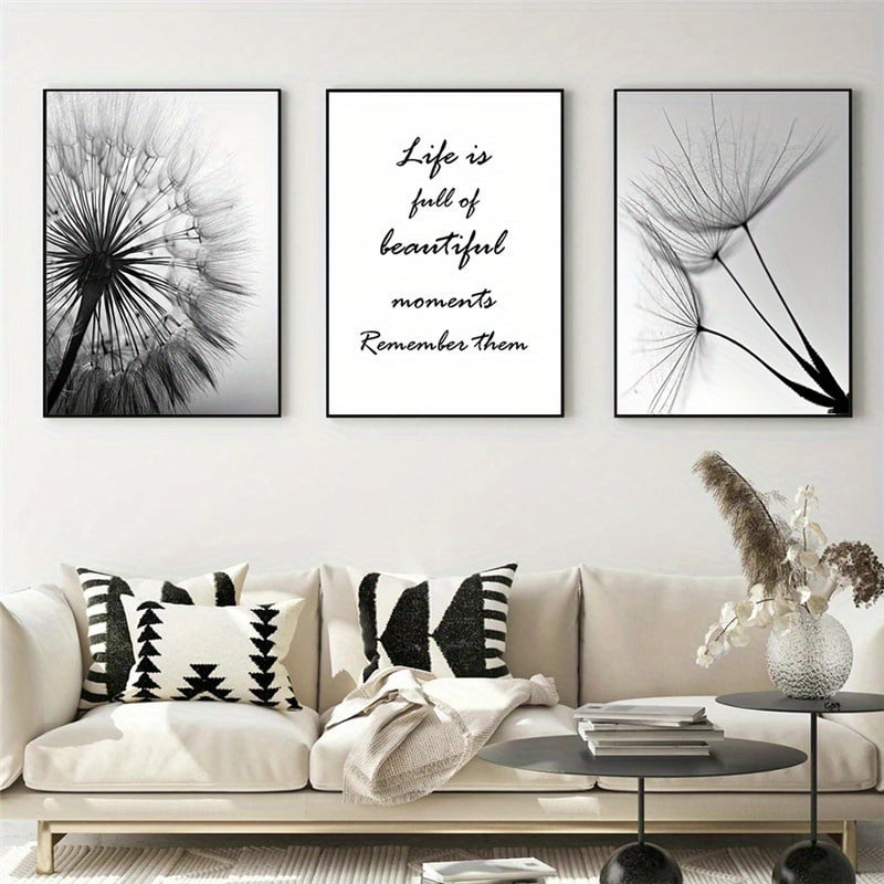 3pcs, Black And White Dandelion Canvas Painting, Modern Plant Wall Art Poster And Prints, For Living Room Decoration Home Decor, No Frame