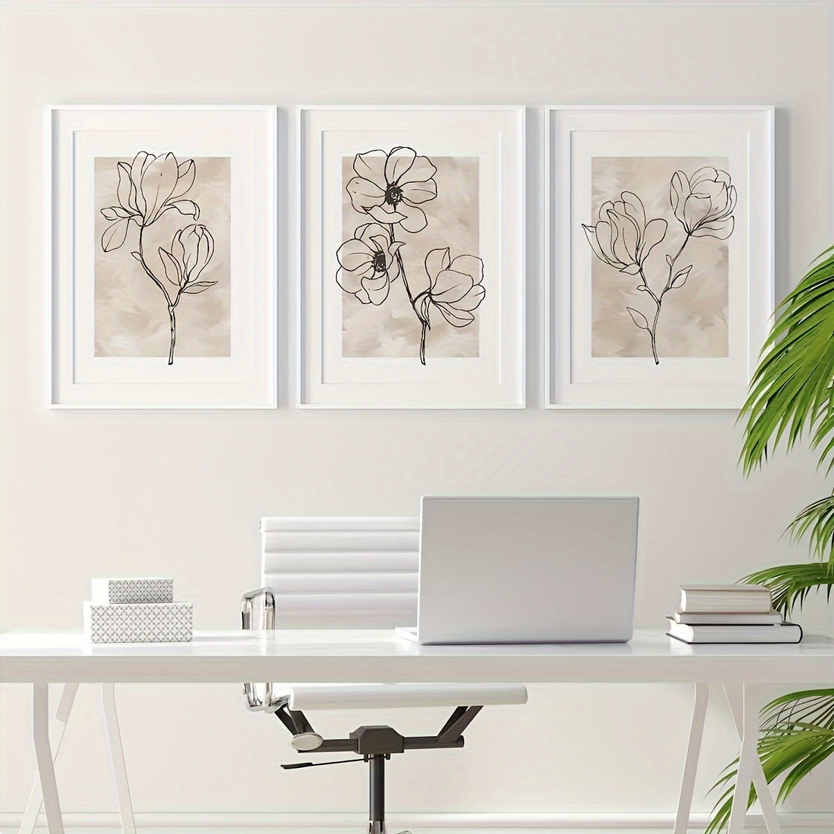 Set of 3 Modern Minimalist Botanical Floral Canvas Art Prints, Neutral Wall Decor for Living Room, Bedroom, Hallway - Unframed Canvas Wall Art Ideal for Home Decor and Gifting