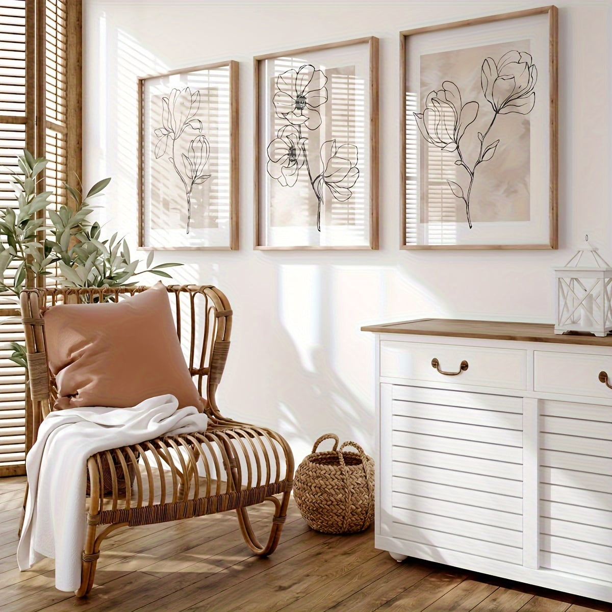 Set of 3 Modern Minimalist Botanical Floral Canvas Art Prints, Neutral Wall Decor for Living Room, Bedroom, Hallway - Unframed Canvas Wall Art Ideal for Home Decor and Gifting