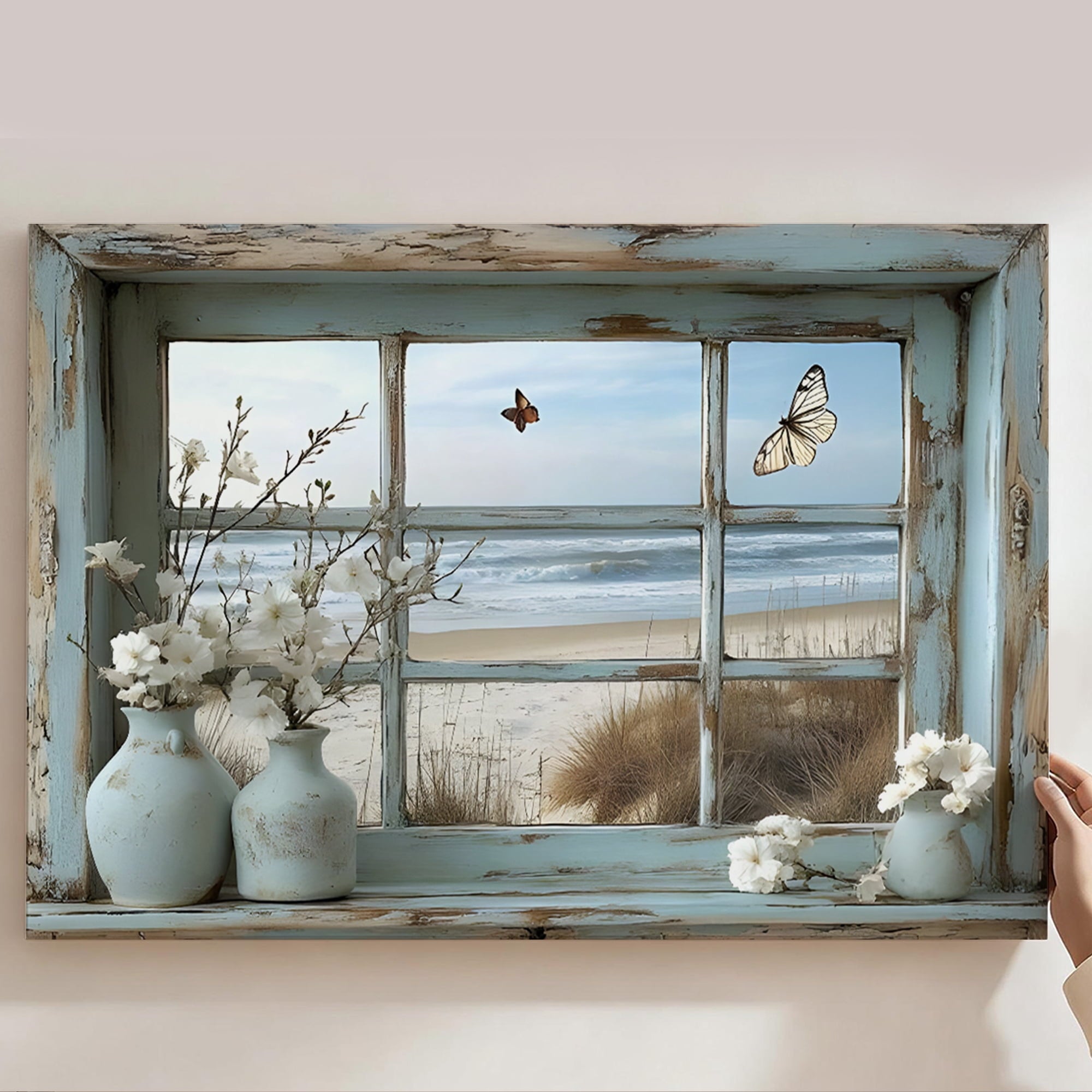 Coastal Beach Window View Framed Canvas Prints Wall Art, Rustic Farmhouse Wall Decor, White Floral Butterflies Home Decor For Living Room Bedroom Bathroom, Ocean Scene Wall Art 8*12inch(20*30cm)