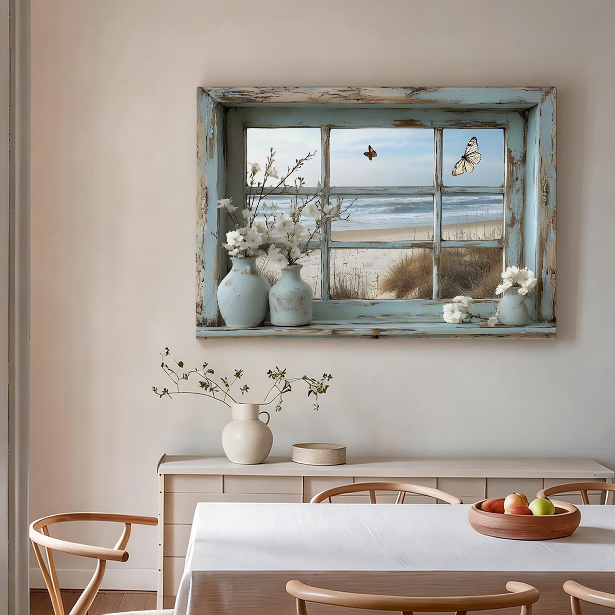 Coastal Beach Window View Framed Canvas Prints Wall Art, Rustic Farmhouse Wall Decor, White Floral Butterflies Home Decor For Living Room Bedroom Bathroom, Ocean Scene Wall Art 8*12inch(20*30cm)