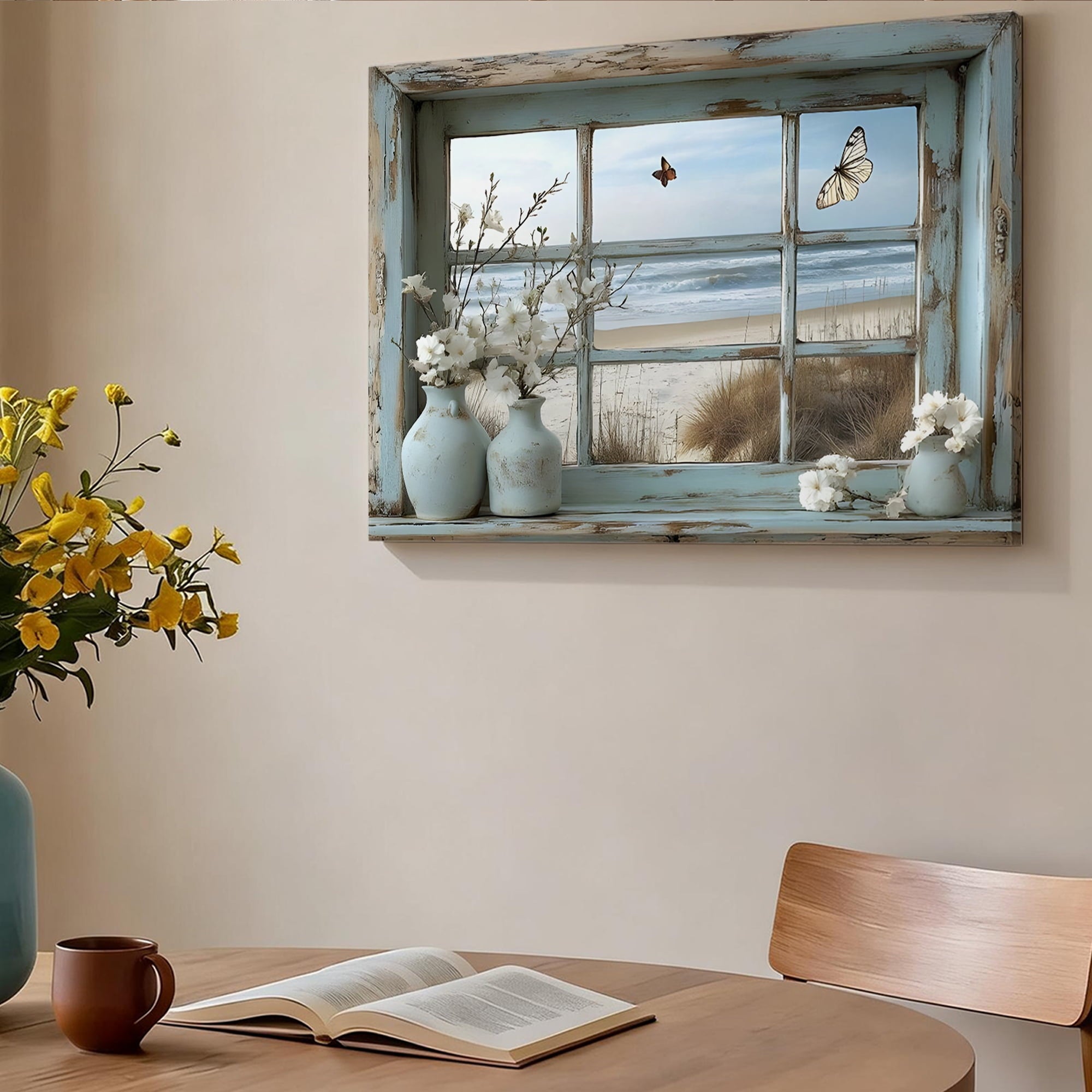 Coastal Beach Window View Framed Canvas Prints Wall Art, Rustic Farmhouse Wall Decor, White Floral Butterflies Home Decor For Living Room Bedroom Bathroom, Ocean Scene Wall Art 8*12inch(20*30cm)