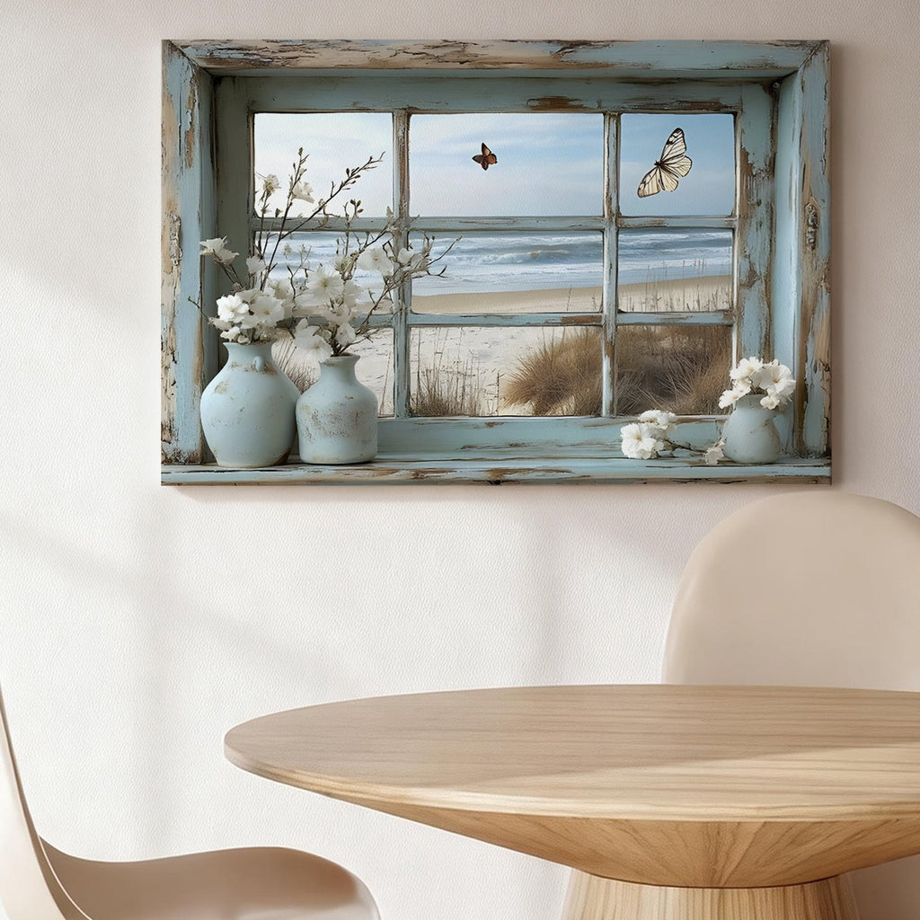 Coastal Beach Window View Framed Canvas Prints Wall Art, Rustic Farmhouse Wall Decor, White Floral Butterflies Home Decor For Living Room Bedroom Bathroom, Ocean Scene Wall Art 8*12inch(20*30cm)
