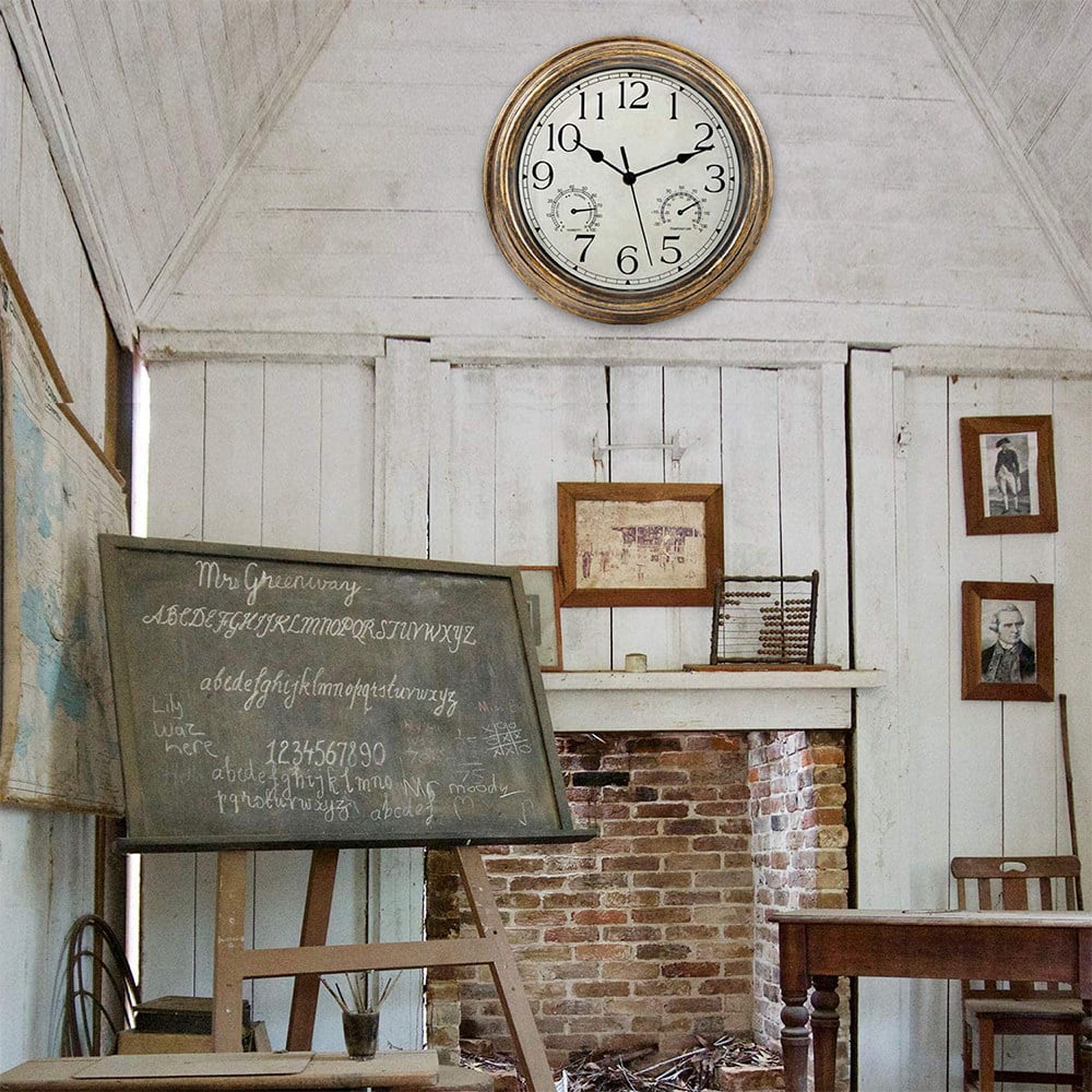 12inch Wall Clock,Retro Waterproof Clock with Displays Thermometer&amp;Hygrometer,Noise-Free Clock for Indoor/Outdoor