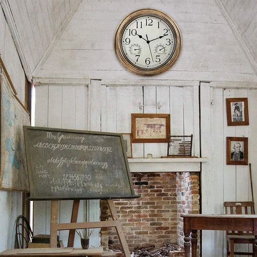 12inch Wall Clock,Retro Waterproof Clock with Displays Thermometer&amp;Hygrometer,Noise-Free Clock for Indoor/Outdoor