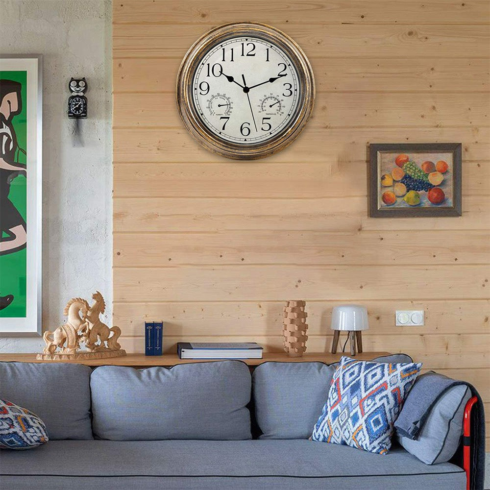 12inch Wall Clock,Retro Waterproof Clock with Displays Thermometer&amp;Hygrometer,Noise-Free Clock for Indoor/Outdoor