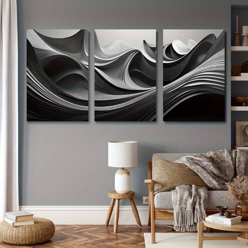 3pcs Modern Abstract Black &amp; White Canvas Wall Art Set - Frameless, Textured Design Decorative Prints for Living Room, Bedroom, Office, Bar, Cafe - Contemporary Home &amp; Office Decor, Wall Decor
