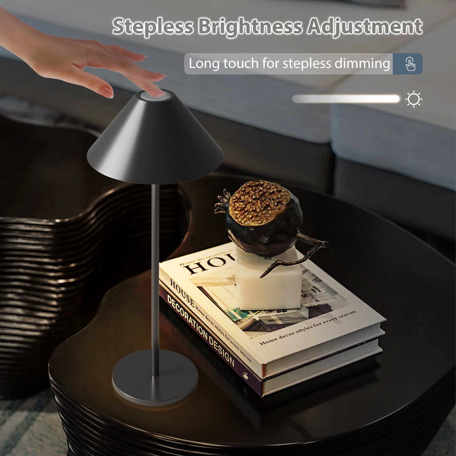 LED Cordless Dimmable Table Lamp, Long Lasting 4000mAh Rechargeable Battery Operated, 240LM, Black， Pack of 2.