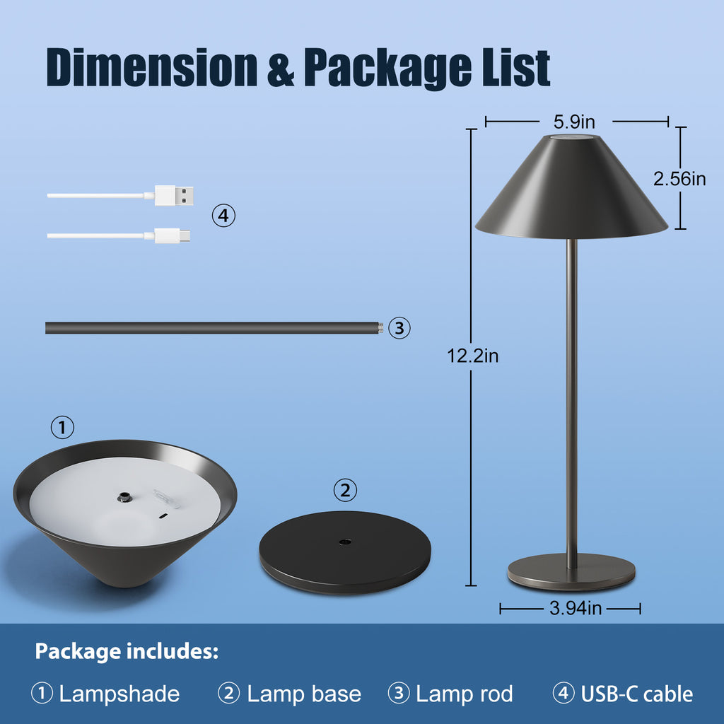 LED Cordless Dimmable Table Lamp, Long Lasting 4000mAh Rechargeable Battery Operated, 240LM, Black， Pack of 2.