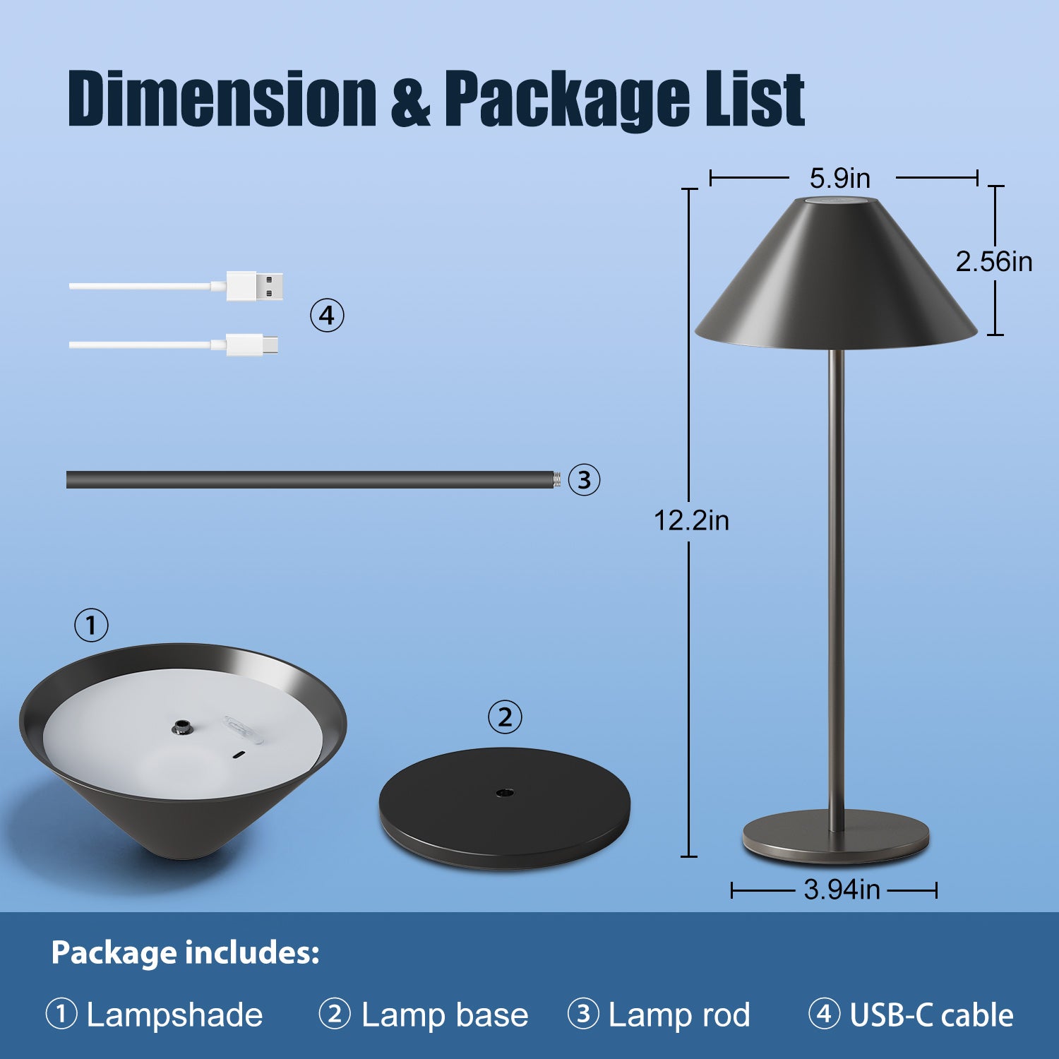LED Cordless Dimmable Table Lamp, Long Lasting 4000mAh Rechargeable Battery Operated, 240LM, Black， Pack of 2.