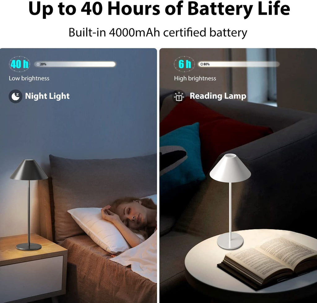 LED Cordless Dimmable Table Lamp, Long Lasting 4000mAh Rechargeable Battery Operated, 240LM, Black， Pack of 2.