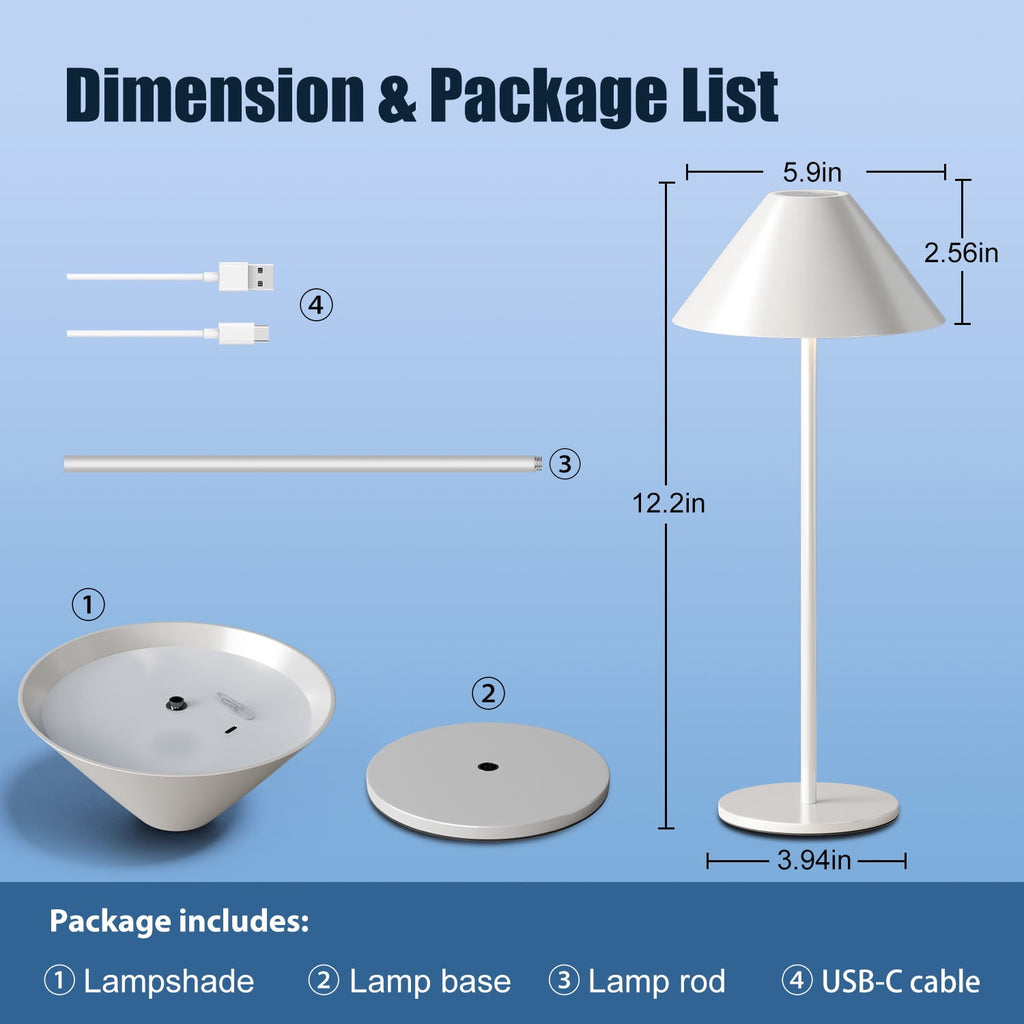 LED Cordless Dimmable Table Lamp, Long Lasting 4000mAh Rechargeable Battery Operated, 240LM, Black， Pack of 2.