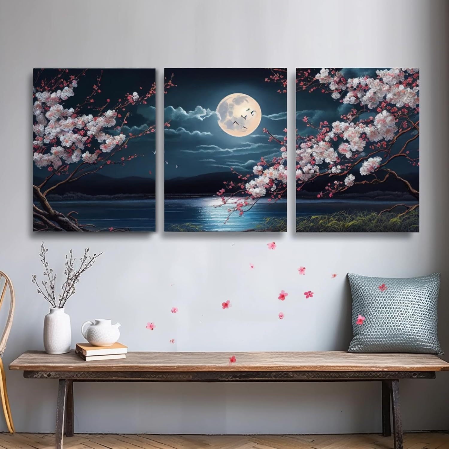 3pcs Cherry Blossom Moon Lake Canvas Wall Art Set, Japanese Aesthetic Floral Landscape Prints, Frameless Decor for Living Room, Bedroom, Kitchen, Office - Nature-Inspired Artwork