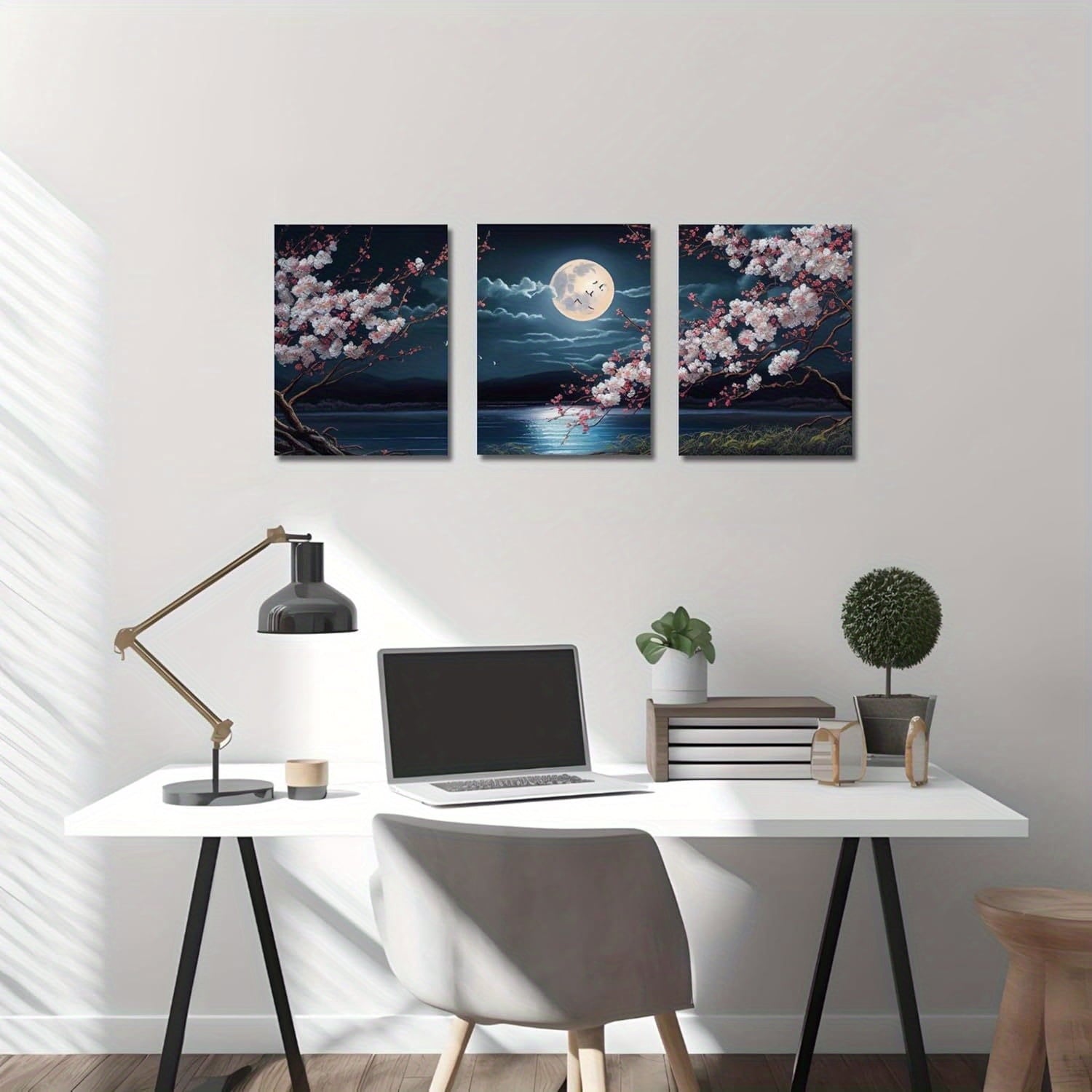 3pcs Cherry Blossom Moon Lake Canvas Wall Art Set, Japanese Aesthetic Floral Landscape Prints, Frameless Decor for Living Room, Bedroom, Kitchen, Office - Nature-Inspired Artwork