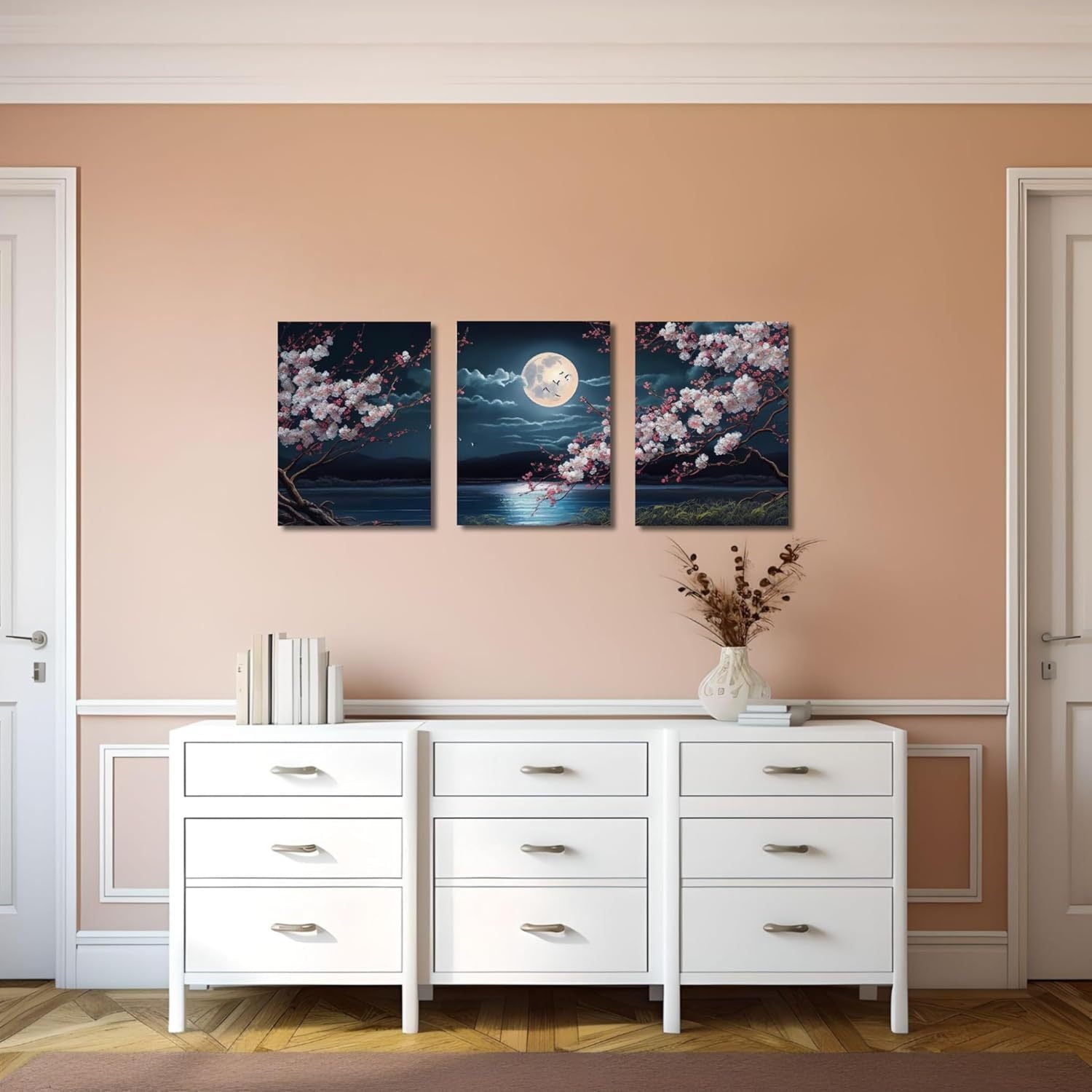 3pcs Cherry Blossom Moon Lake Canvas Wall Art Set, Japanese Aesthetic Floral Landscape Prints, Frameless Decor for Living Room, Bedroom, Kitchen, Office - Nature-Inspired Artwork