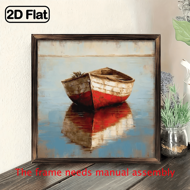 1pc Vintage Rustic Wooden Canoe Lake Reflection Wall Art - 8x8 Inch Recycled Wood Board, Serene Water Scene Theme Farmhouse Cottage Decor for Living Room, Bedroom