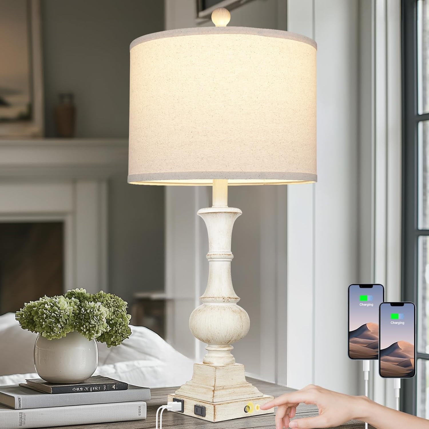 26" Farmhouse Table Lamp,  Rustic Touch Control Bedside Lamp with 2  Ports &amp; AC Outlet, Boho  3-Way Dimmable Nightstand Lamp Linen Fabric Shade for  Room  End Table White