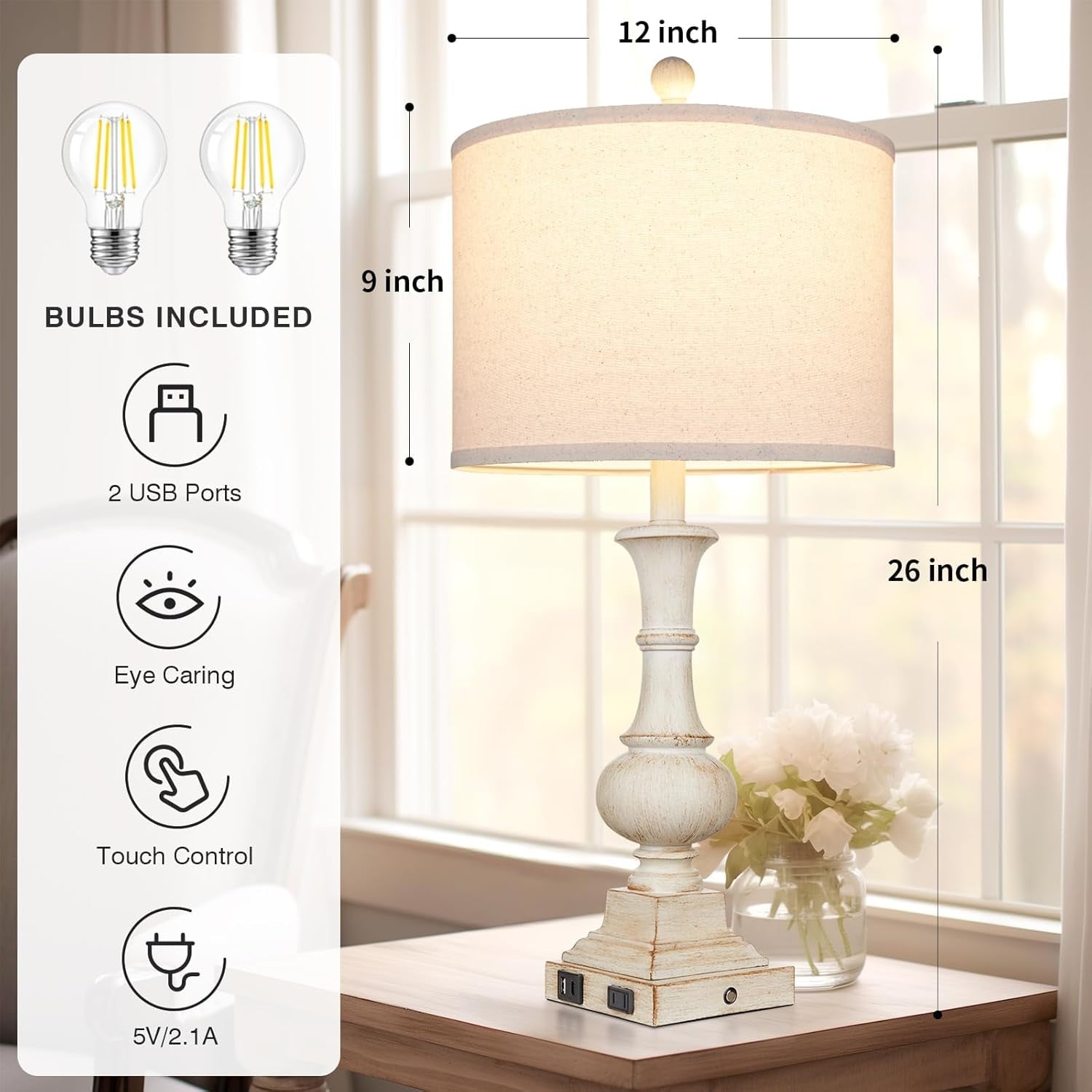 26" Farmhouse Table Lamp,  Rustic Touch Control Bedside Lamp with 2  Ports &amp; AC Outlet, Boho  3-Way Dimmable Nightstand Lamp Linen Fabric Shade for  Room  End Table White