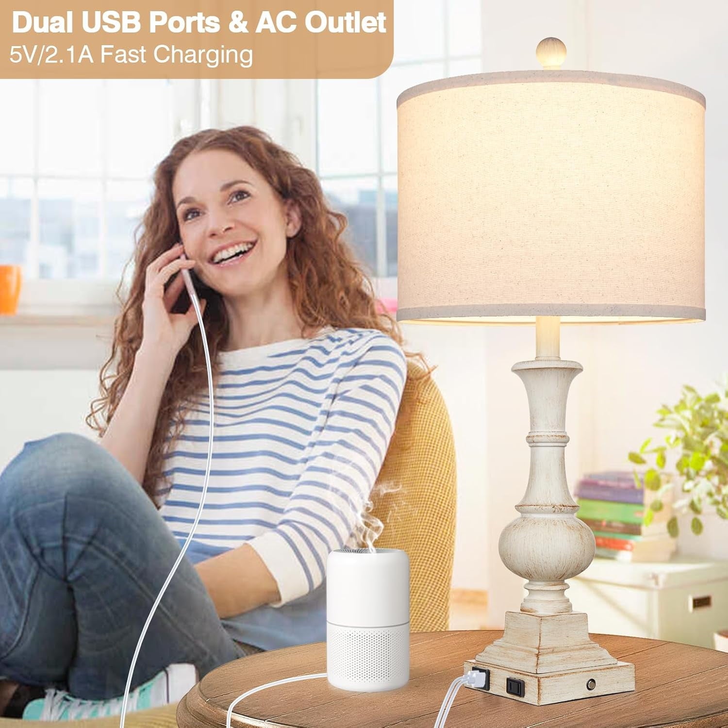 26" Farmhouse Table Lamp,  Rustic Touch Control Bedside Lamp with 2  Ports &amp; AC Outlet, Boho  3-Way Dimmable Nightstand Lamp Linen Fabric Shade for  Room  End Table White