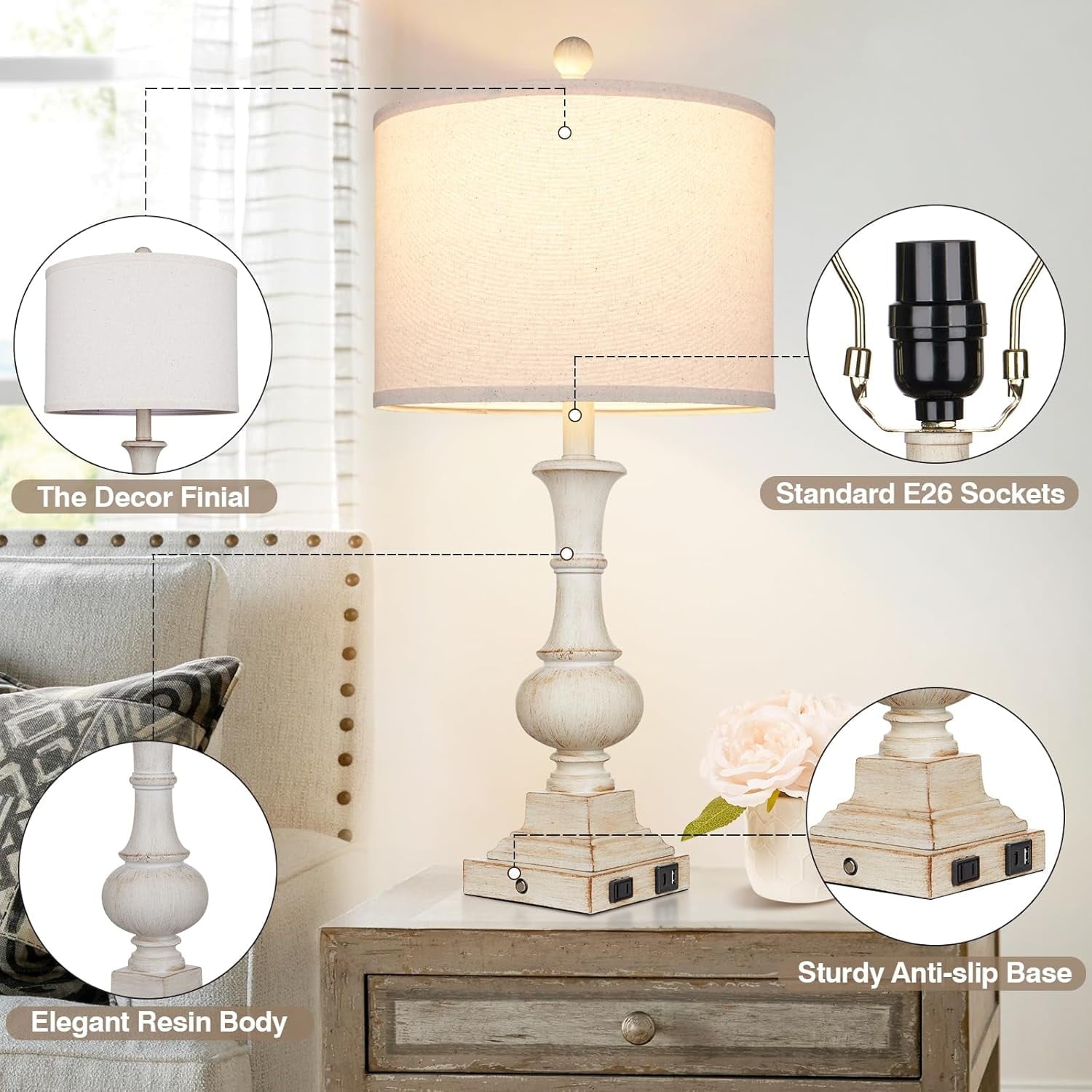 26" Farmhouse Table Lamp,  Rustic Touch Control Bedside Lamp with 2  Ports &amp; AC Outlet, Boho  3-Way Dimmable Nightstand Lamp Linen Fabric Shade for  Room  End Table White