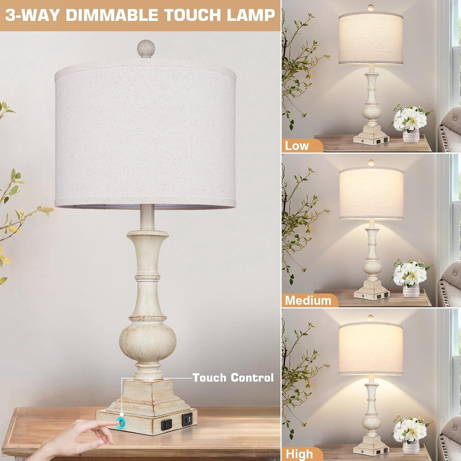 26" Farmhouse Table Lamp,  Rustic Touch Control Bedside Lamp with 2  Ports &amp; AC Outlet, Boho  3-Way Dimmable Nightstand Lamp Linen Fabric Shade for  Room  End Table White