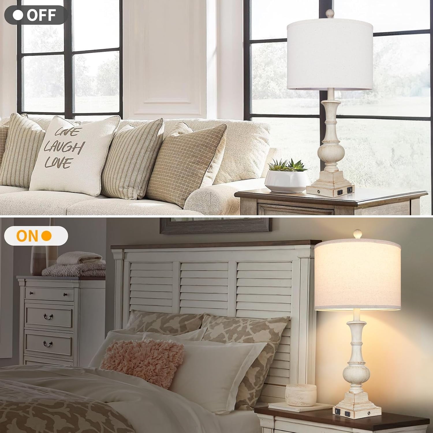 26" Farmhouse Table Lamp,  Rustic Touch Control Bedside Lamp with 2  Ports &amp; AC Outlet, Boho  3-Way Dimmable Nightstand Lamp Linen Fabric Shade for  Room  End Table White