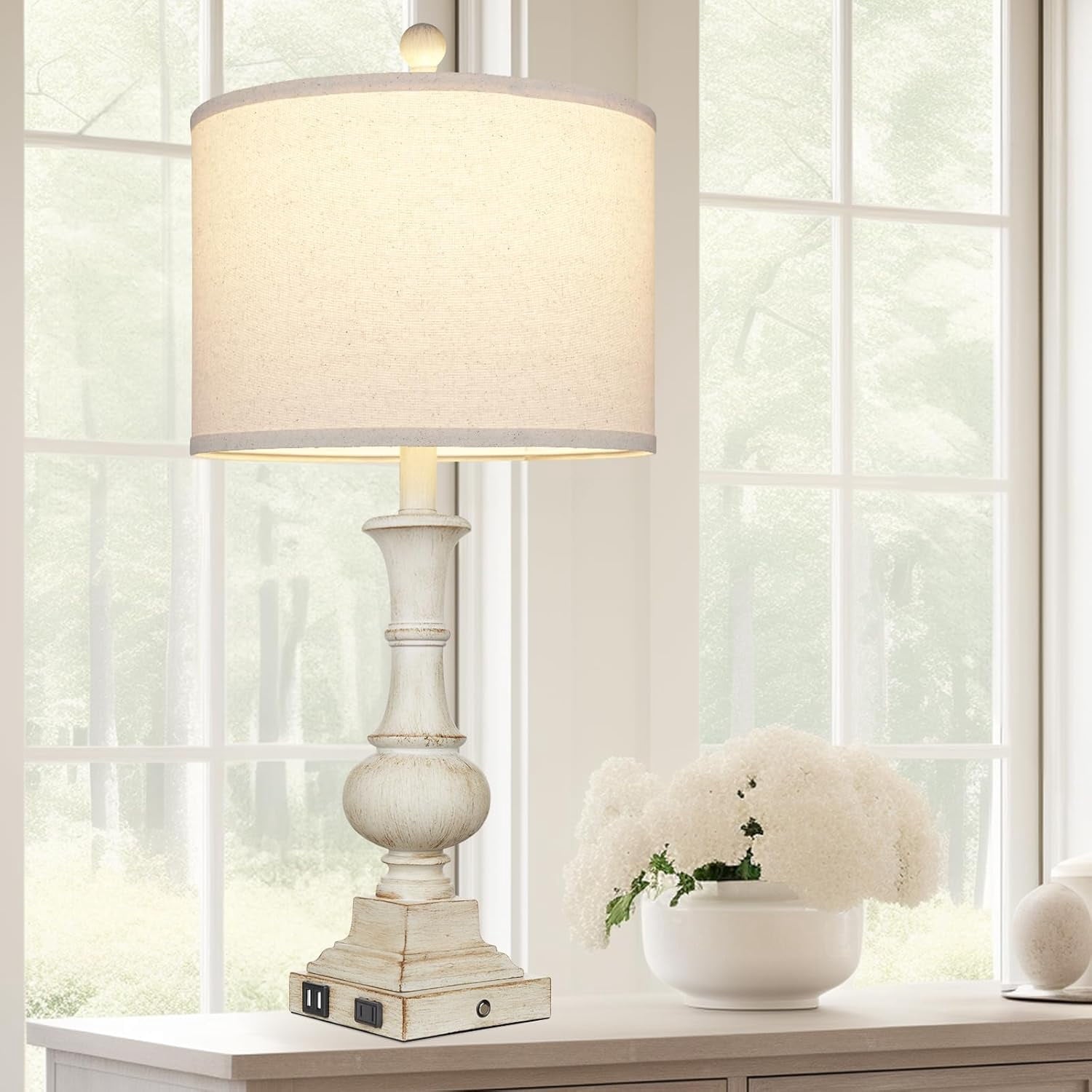 26" Farmhouse Table Lamp,  Rustic Touch Control Bedside Lamp with 2  Ports &amp; AC Outlet, Boho  3-Way Dimmable Nightstand Lamp Linen Fabric Shade for  Room  End Table White