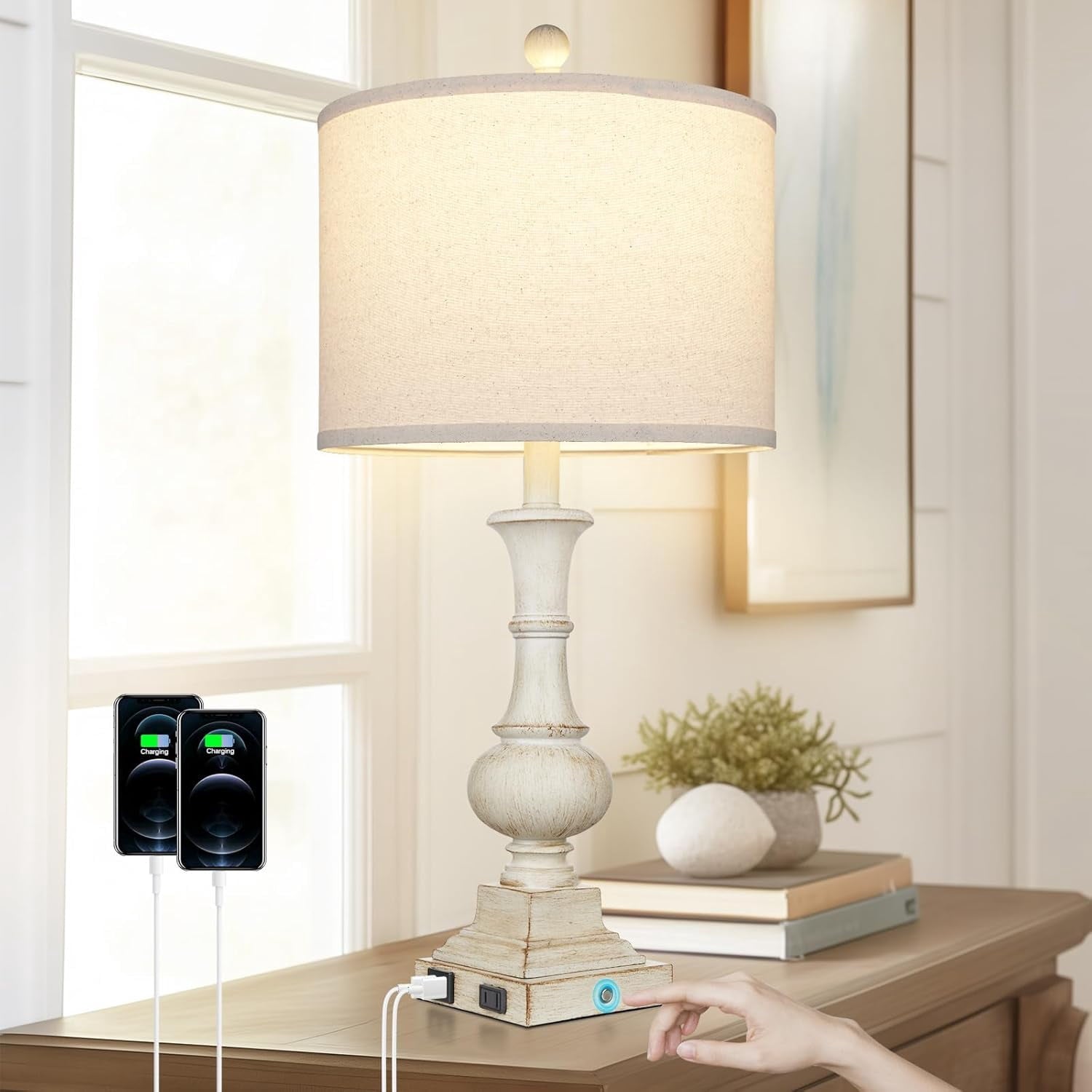 26" Farmhouse Table Lamp,  Rustic Touch Control Bedside Lamp with 2  Ports &amp; AC Outlet, Boho  3-Way Dimmable Nightstand Lamp Linen Fabric Shade for  Room  End Table White