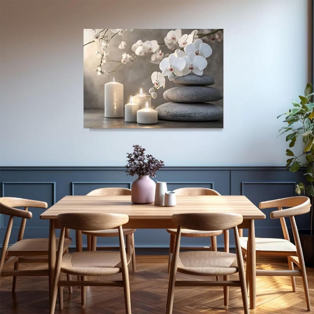 Mudket Framed Canvas Wall Art, White Orchid Candles Zen Stones Wall Decor, Elegant Calming Spa Floral Waterproof Art Prints for Bathroom Bedroom Living Room Home Decor - 12"L x 8"W