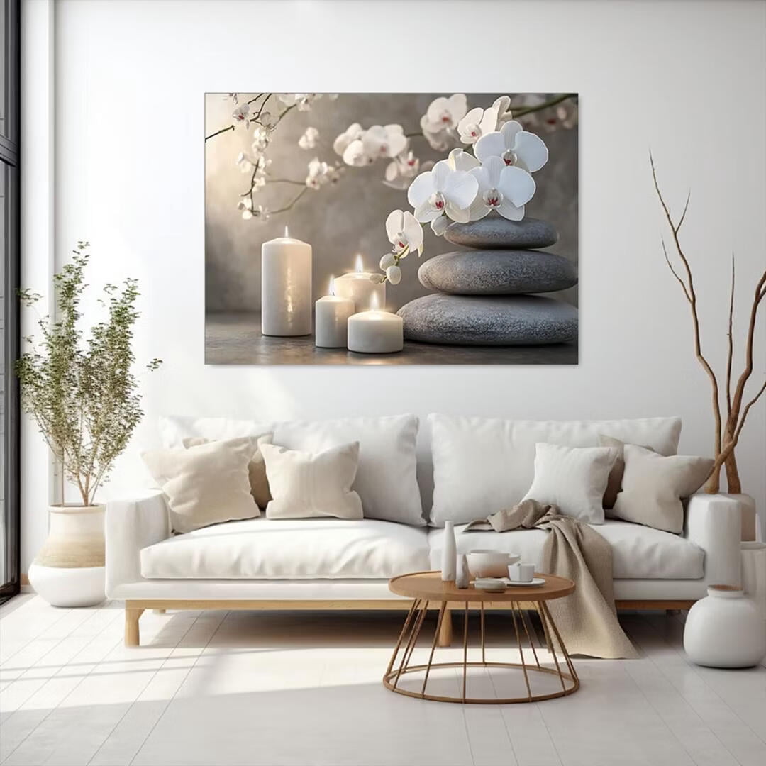 Mudket Framed Canvas Wall Art, White Orchid Candles Zen Stones Wall Decor, Elegant Calming Spa Floral Waterproof Art Prints for Bathroom Bedroom Living Room Home Decor - 12"L x 8"W