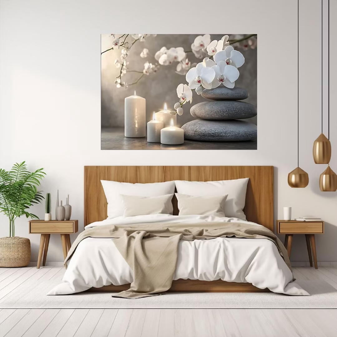 Mudket Framed Canvas Wall Art, White Orchid Candles Zen Stones Wall Decor, Elegant Calming Spa Floral Waterproof Art Prints for Bathroom Bedroom Living Room Home Decor - 12"L x 8"W