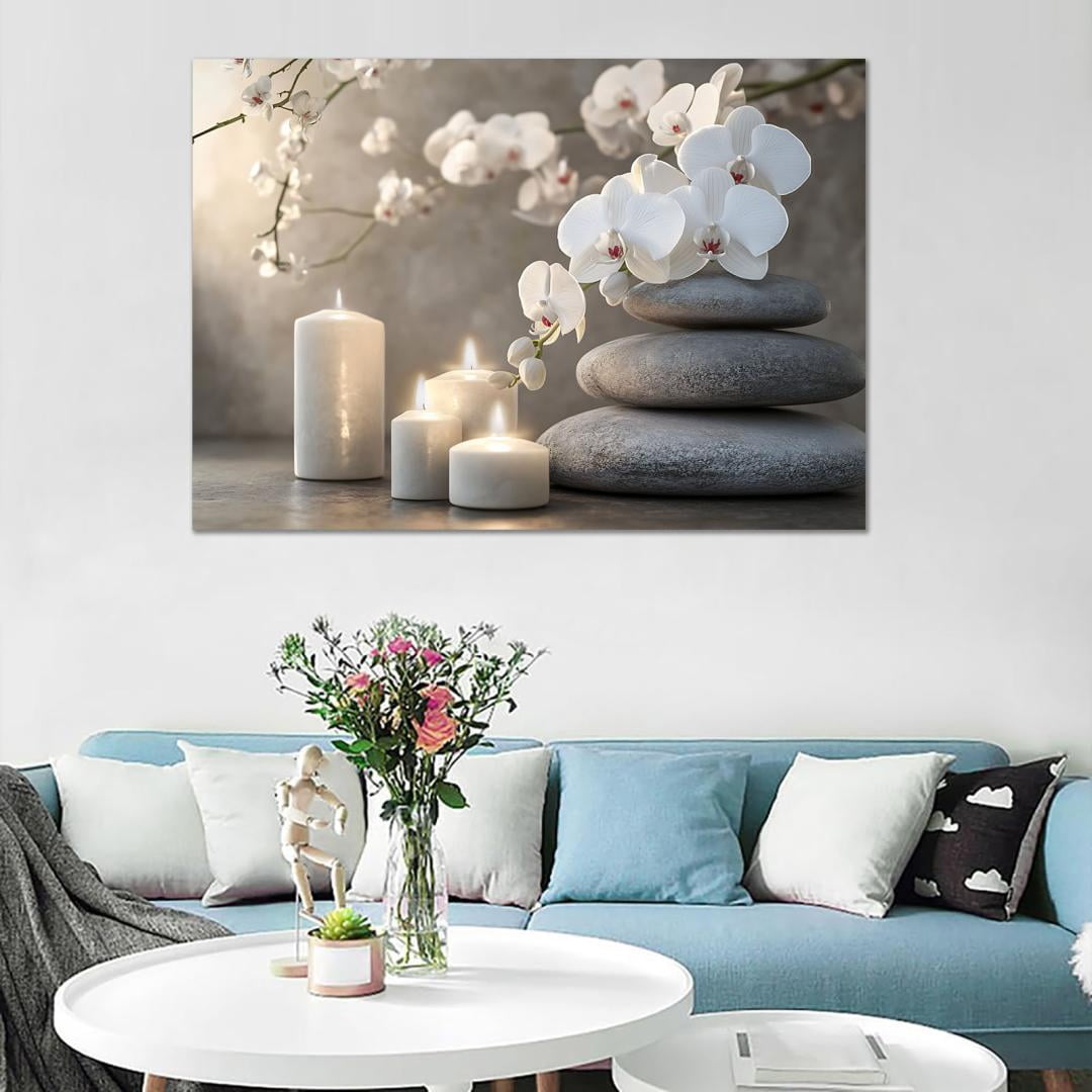 Mudket Framed Canvas Wall Art, White Orchid Candles Zen Stones Wall Decor, Elegant Calming Spa Floral Waterproof Art Prints for Bathroom Bedroom Living Room Home Decor - 12"L x 8"W
