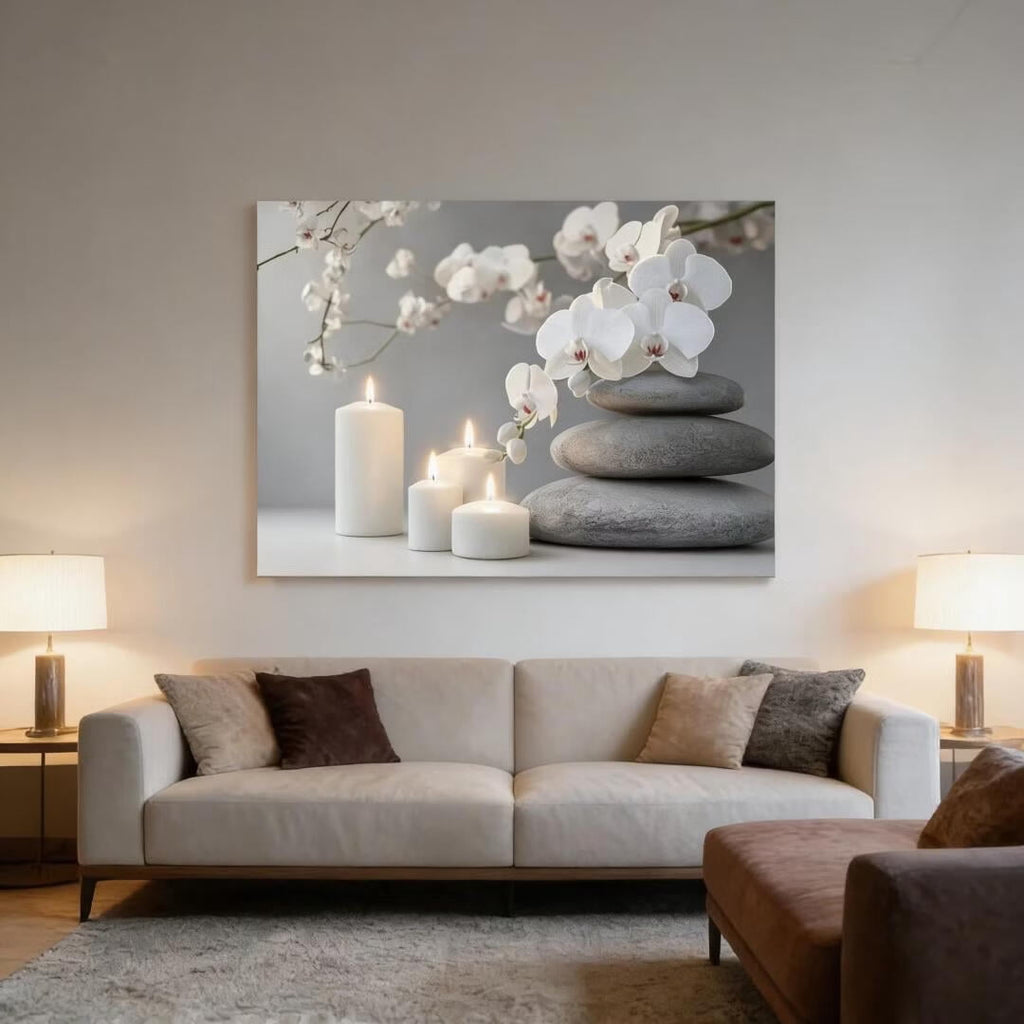 Mudket Framed Canvas Wall Art, White Orchid Candles Zen Stones Wall Decor, Elegant Calming Spa Floral Waterproof Art Prints for Bathroom Bedroom Living Room Home Decor - 12"L x 8"W