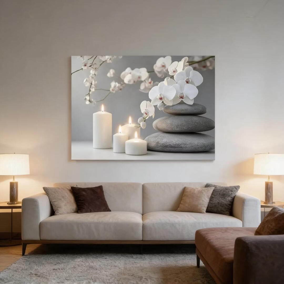 Mudket Framed Canvas Wall Art, White Orchid Candles Zen Stones Wall Decor, Elegant Calming Spa Floral Waterproof Art Prints for Bathroom Bedroom Living Room Home Decor - 12"L x 8"W