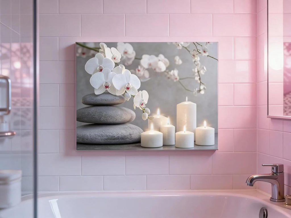 Mudket Framed Canvas Wall Art, White Orchid Candles Zen Stones Wall Decor, Elegant Calming Spa Floral Waterproof Art Prints for Bathroom Bedroom Living Room Home Decor - 12"L x 8"W