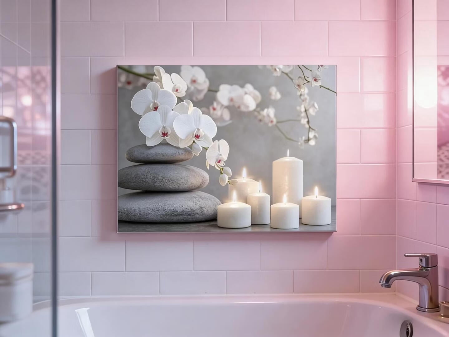 Mudket Framed Canvas Wall Art, White Orchid Candles Zen Stones Wall Decor, Elegant Calming Spa Floral Waterproof Art Prints for Bathroom Bedroom Living Room Home Decor - 12"L x 8"W