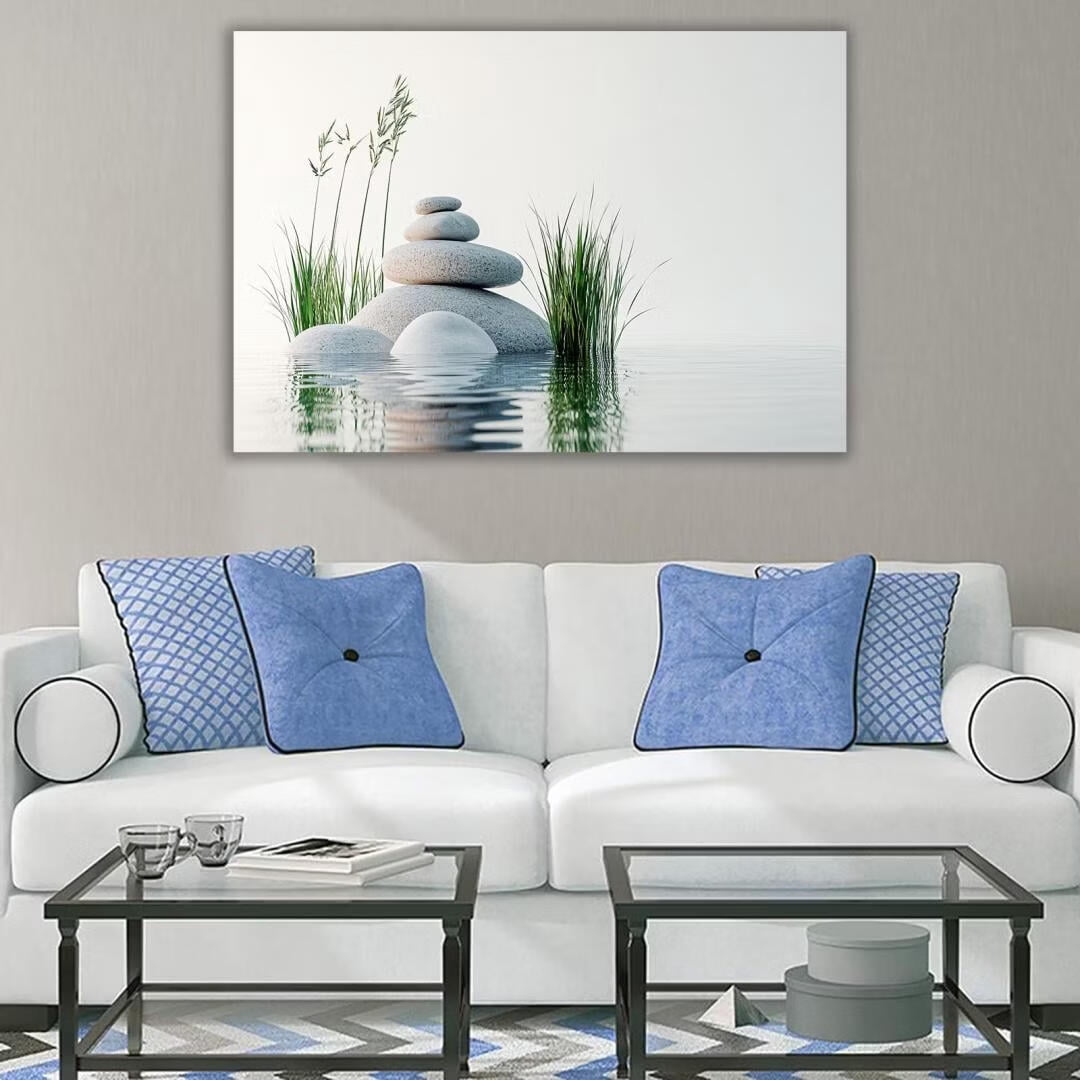 Mudket Framed Canvas Wall Art, White Orchid Candles Zen Stones Wall Decor, Elegant Calming Spa Floral Waterproof Art Prints for Bathroom Bedroom Living Room Home Decor - 12"L x 8"W