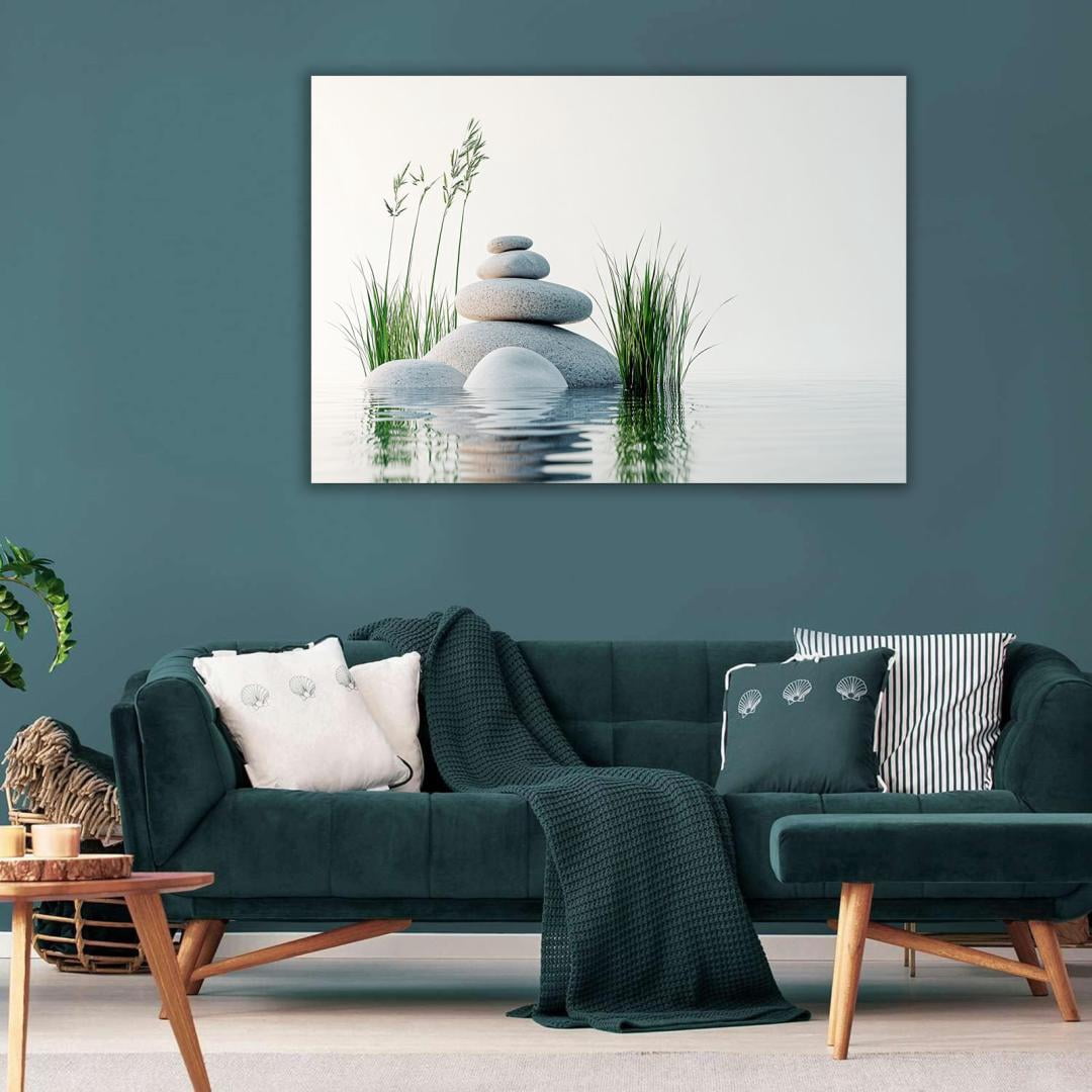 Mudket Framed Canvas Wall Art, White Orchid Candles Zen Stones Wall Decor, Elegant Calming Spa Floral Waterproof Art Prints for Bathroom Bedroom Living Room Home Decor - 12"L x 8"W