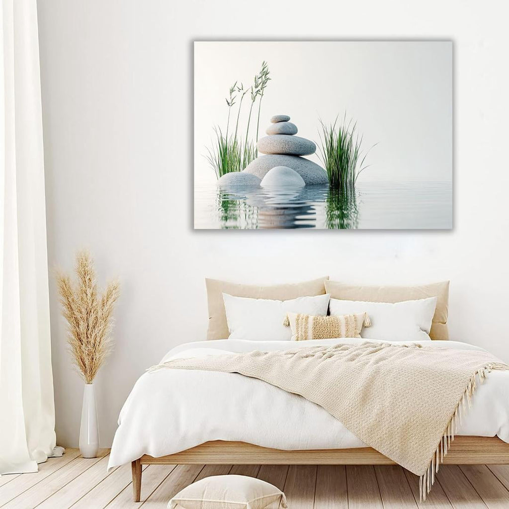 Mudket Framed Canvas Wall Art, White Orchid Candles Zen Stones Wall Decor, Elegant Calming Spa Floral Waterproof Art Prints for Bathroom Bedroom Living Room Home Decor - 12"L x 8"W