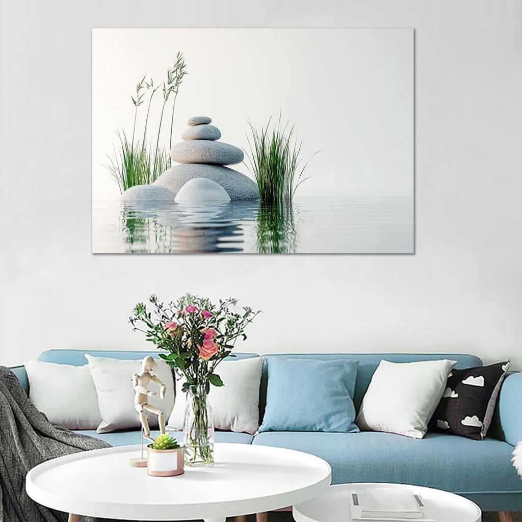 Mudket Framed Canvas Wall Art, White Orchid Candles Zen Stones Wall Decor, Elegant Calming Spa Floral Waterproof Art Prints for Bathroom Bedroom Living Room Home Decor - 12"L x 8"W