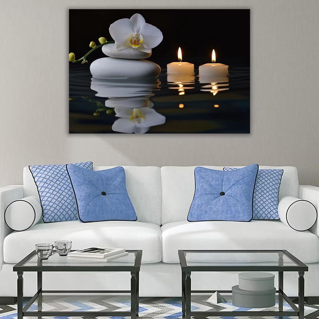 Mudket Framed Canvas Wall Art, White Orchid Candles Zen Stones Wall Decor, Elegant Calming Spa Floral Waterproof Art Prints for Bathroom Bedroom Living Room Home Decor - 12"L x 8"W